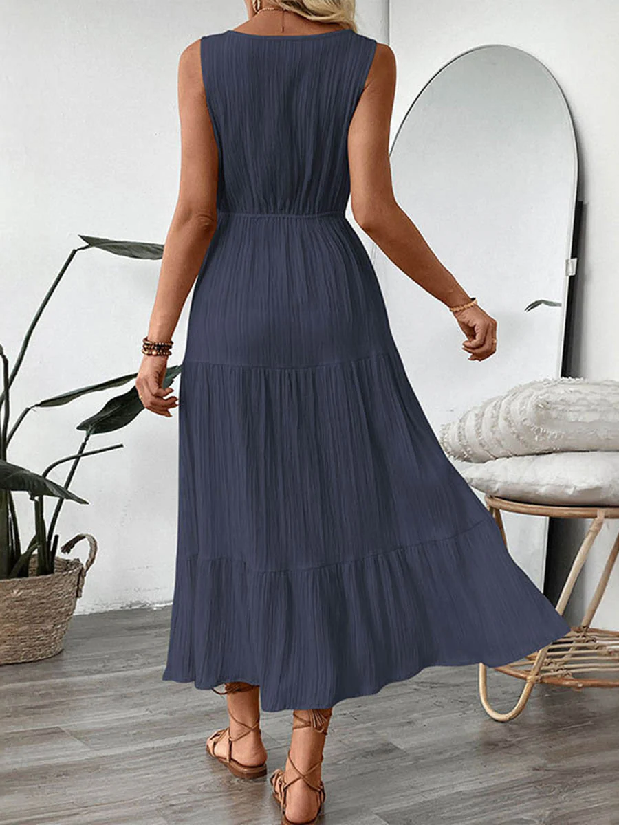 A-Line High Waisted Buttoned Pleated Solid Color Tied Waist V-Neck Maxi Dresses - Image 9