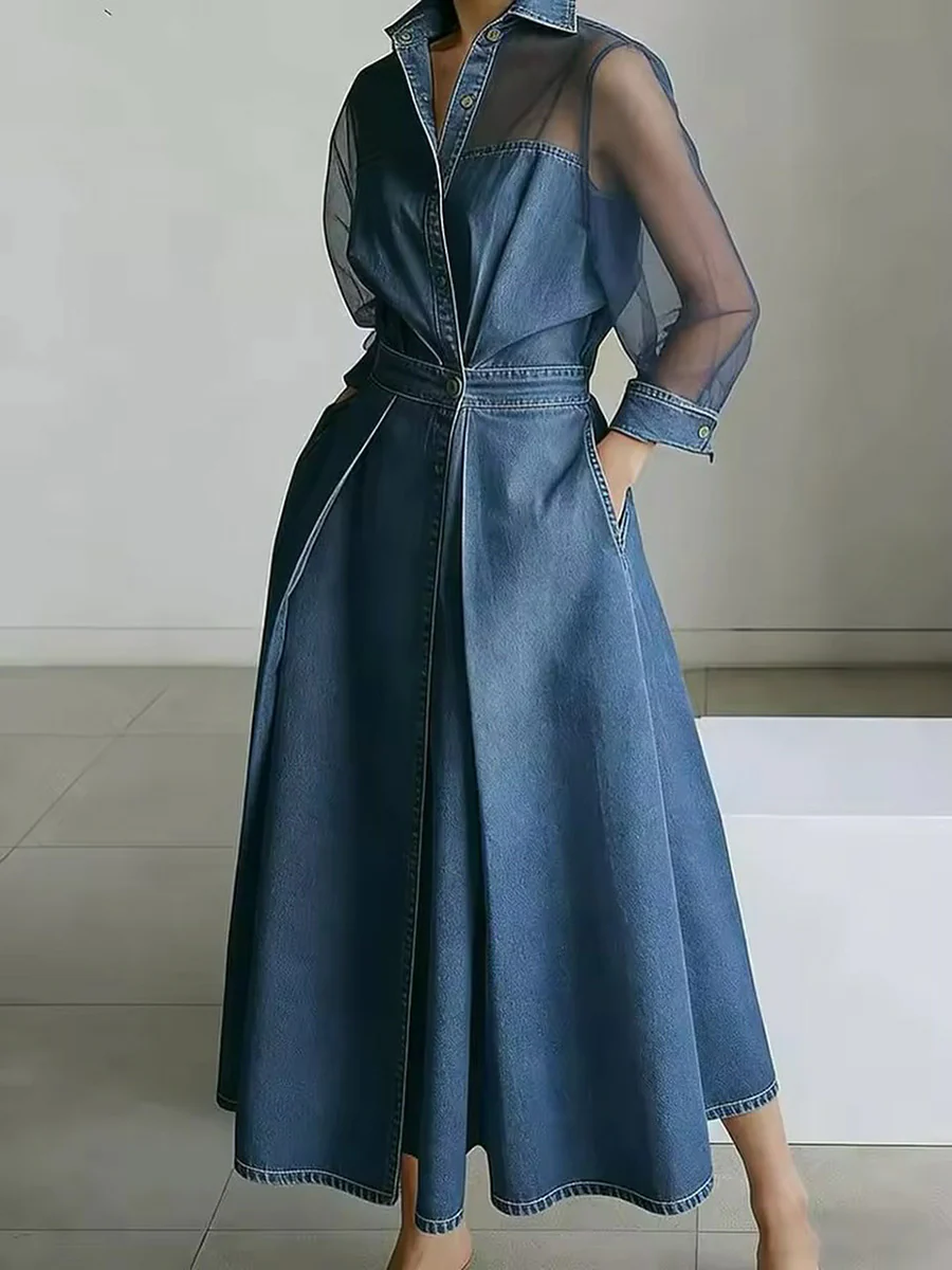 A-Line High Waisted Buttoned Pockets See-Through Solid Color Split-Joint Lapel Maxi Dresses - Image 2