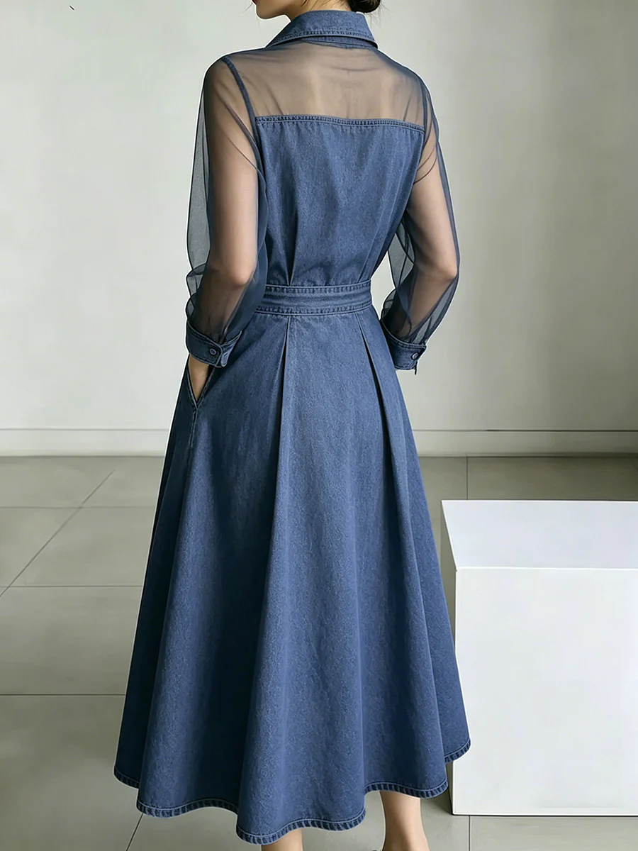 A-Line High Waisted Buttoned Pockets See-Through Solid Color Split-Joint Lapel Maxi Dresses - Image 3