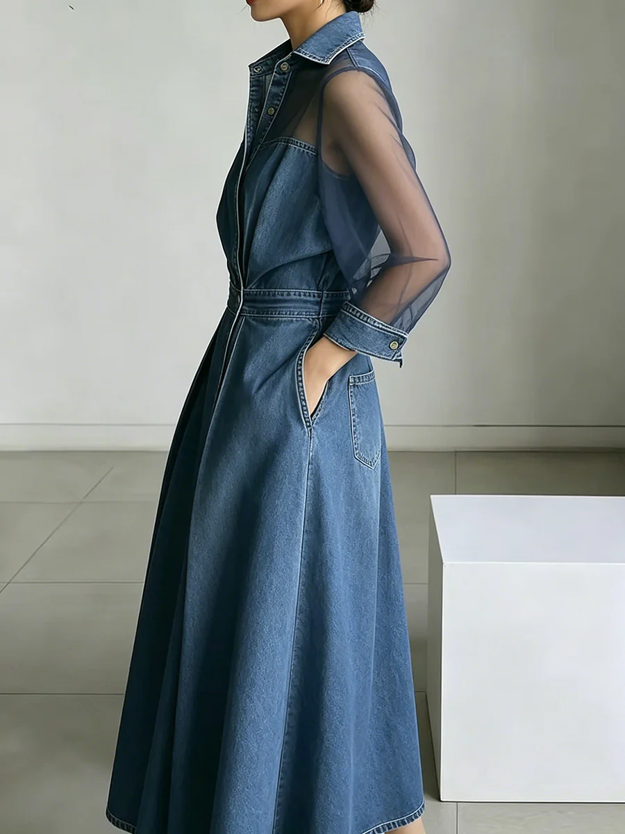 A-Line High Waisted Buttoned Pockets See-Through Solid Color Split-Joint Lapel Maxi Dresses - Image 4