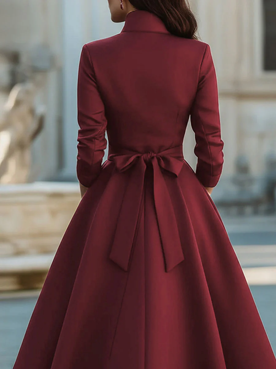 A-Line High Waisted Buttoned Pockets Solid Color Split-Joint Stand Collar Midi Dresses - Image 2