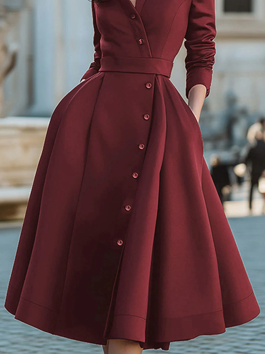 A-Line High Waisted Buttoned Pockets Solid Color Split-Joint Stand Collar Midi Dresses - Image 4