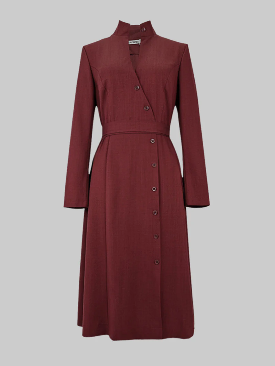 A-Line High Waisted Buttoned Pockets Solid Color Split-Joint Stand Collar Midi Dresses - Image 5