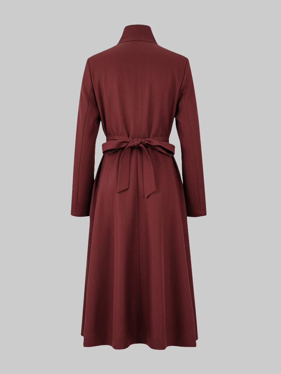 A-Line High Waisted Buttoned Pockets Solid Color Split-Joint Stand Collar Midi Dresses - Image 6