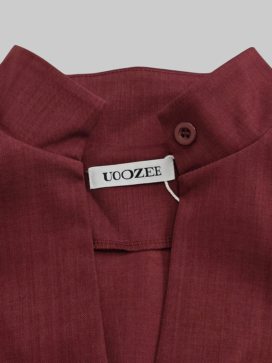 A-Line High Waisted Buttoned Pockets Solid Color Split-Joint Stand Collar Midi Dresses - Image 7