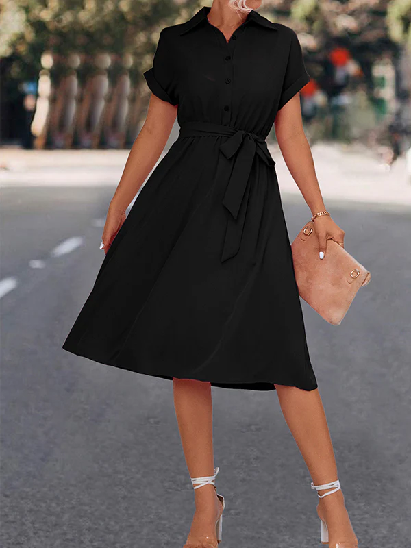 A-Line High Waisted Buttoned Solid Color Tied Waist Lapel Collar Midi Dresses Shirt Dress - Image 5