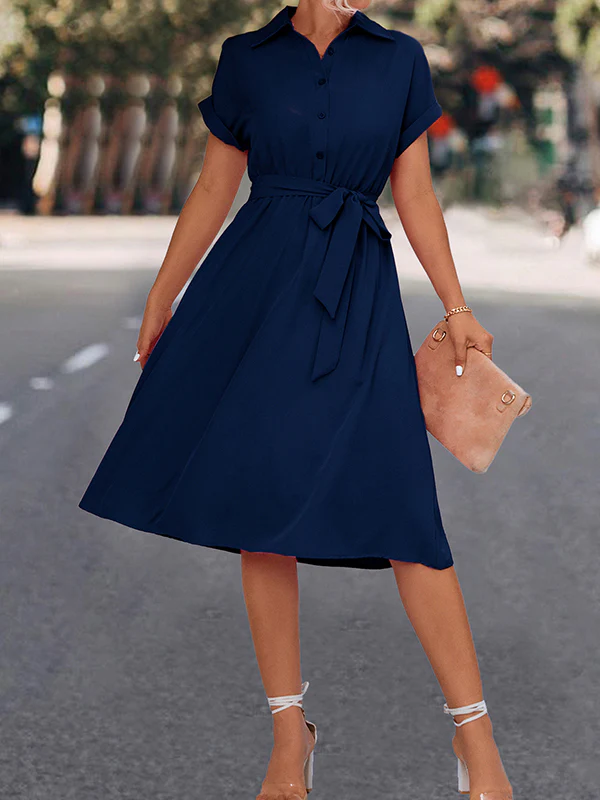 A-Line High Waisted Buttoned Solid Color Tied Waist Lapel Collar Midi Dresses Shirt Dress - Image 9