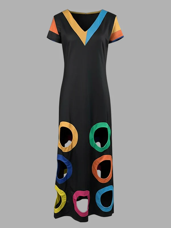A-Line High Waisted Colorful Contrast Color Hollow V-Neck Maxi Dresses - Image 3