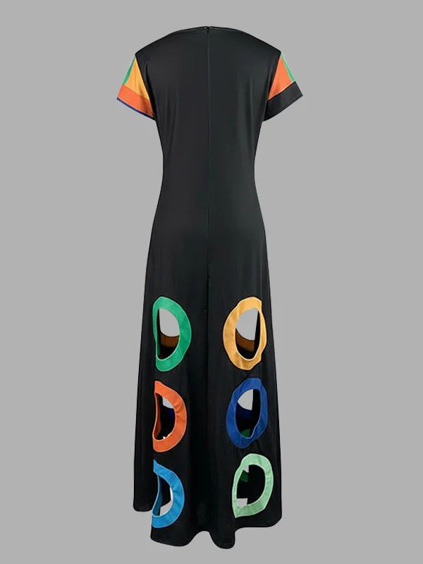 A-Line High Waisted Colorful Contrast Color Hollow V-Neck Maxi Dresses - Image 4