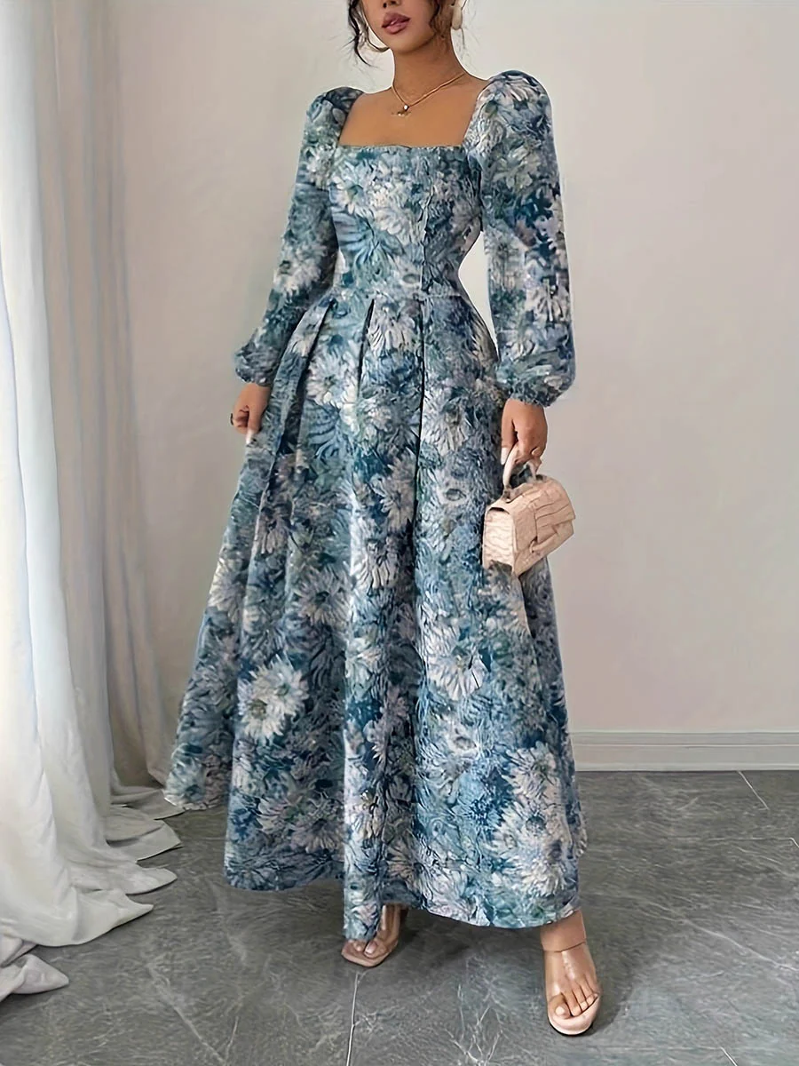 A-Line High Waisted Contrast Color Flower Print Pleated Split-Joint Square-Neck Maxi Dresses - Image 2