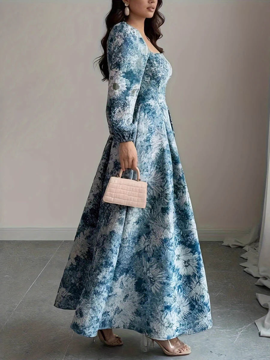 A-Line High Waisted Contrast Color Flower Print Pleated Split-Joint Square-Neck Maxi Dresses - Image 3