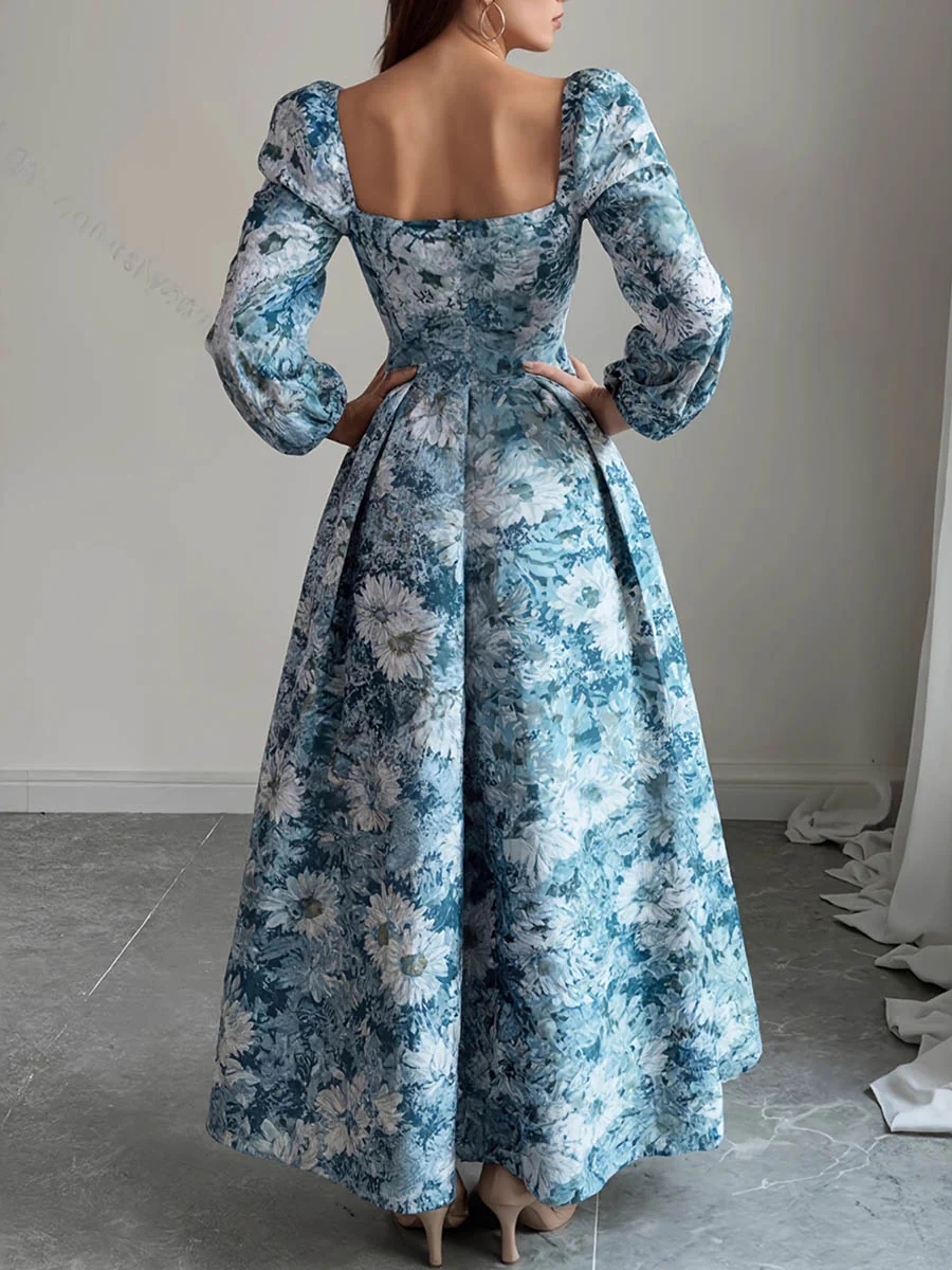 A-Line High Waisted Contrast Color Flower Print Pleated Split-Joint Square-Neck Maxi Dresses - Image 4