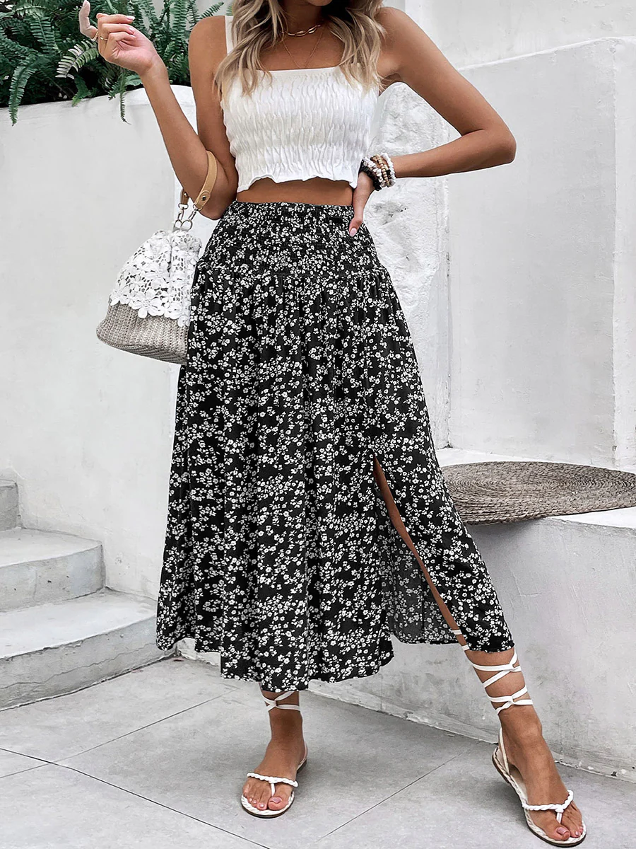 A-Line High Waisted Contrast Color Flower Print Skirts Bottoms - Image 7