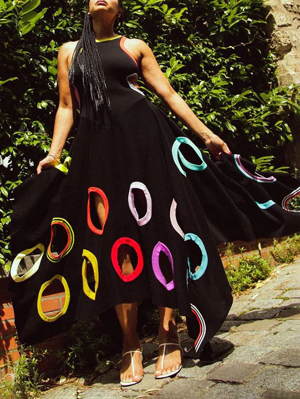 A-Line High Waisted Contrast Color Hollow Round-Neck Maxi Dresses - Image 10