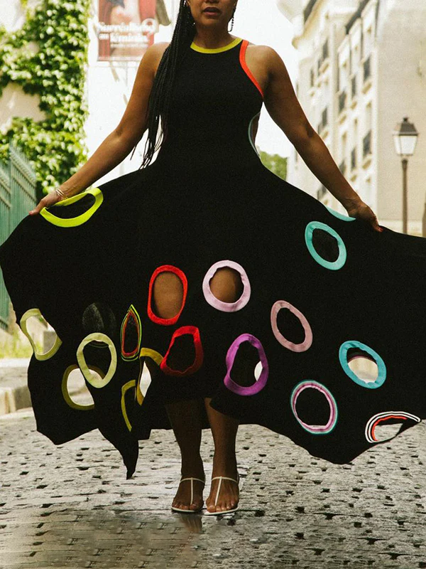 A-Line High Waisted Contrast Color Hollow Round-Neck Maxi Dresses - Image 11