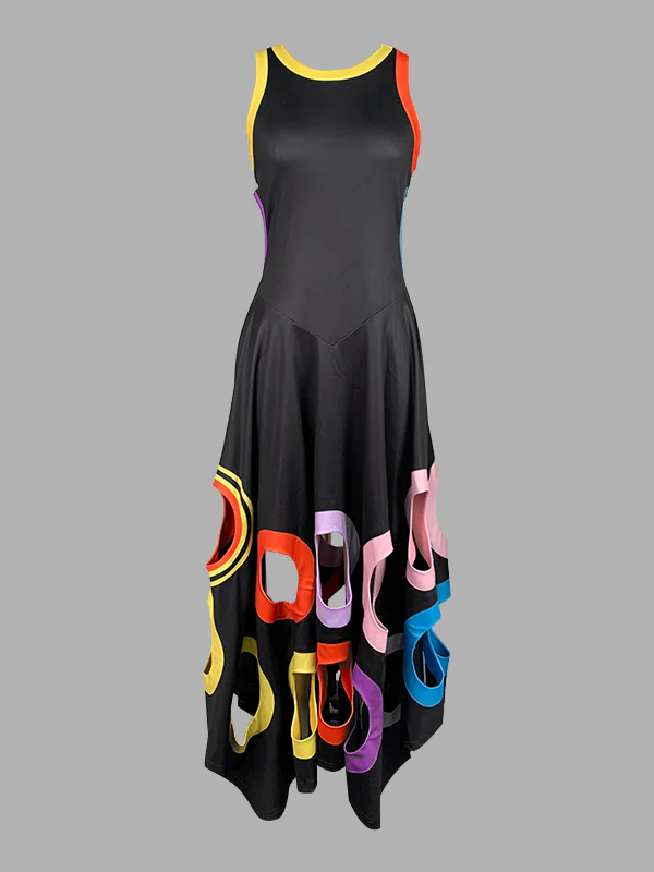 A-Line High Waisted Contrast Color Hollow Round-Neck Maxi Dresses - Image 12