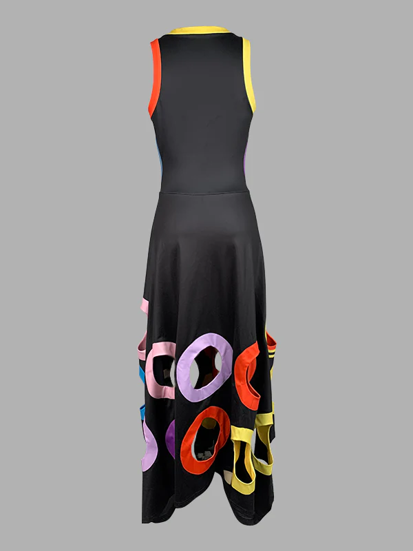 A-Line High Waisted Contrast Color Hollow Round-Neck Maxi Dresses - Image 13