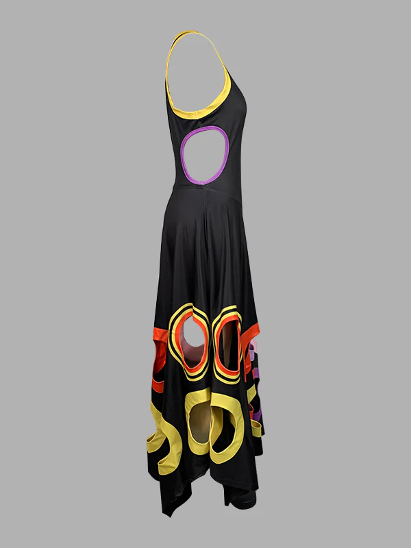 A-Line High Waisted Contrast Color Hollow Round-Neck Maxi Dresses - Image 14