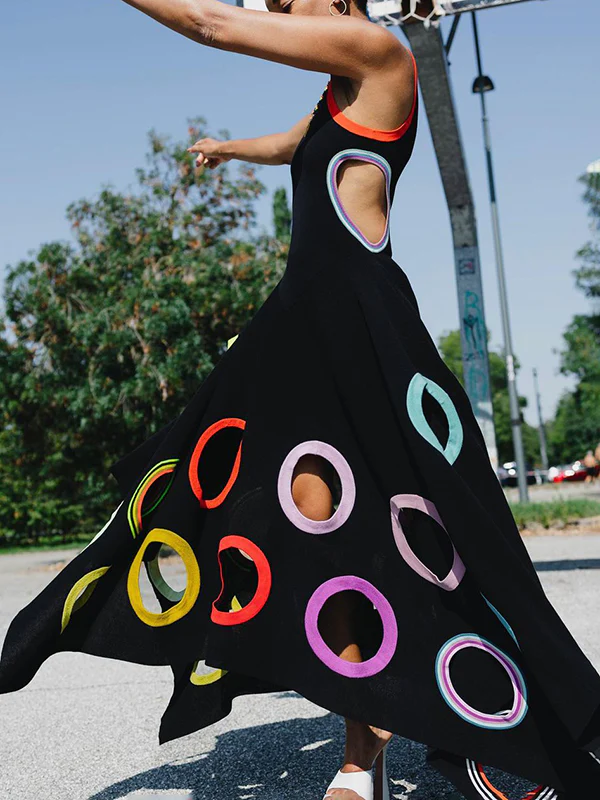 A-Line High Waisted Contrast Color Hollow Round-Neck Maxi Dresses - Image 17