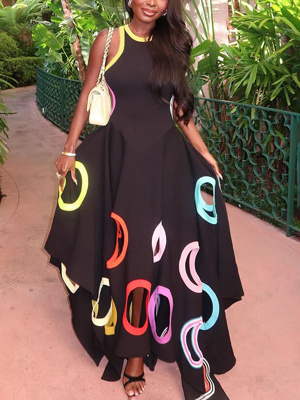 A-Line High Waisted Contrast Color Hollow Round-Neck Maxi Dresses - Image 3