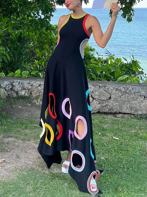A-Line High Waisted Contrast Color Hollow Round-Neck Maxi Dresses - Image 4
