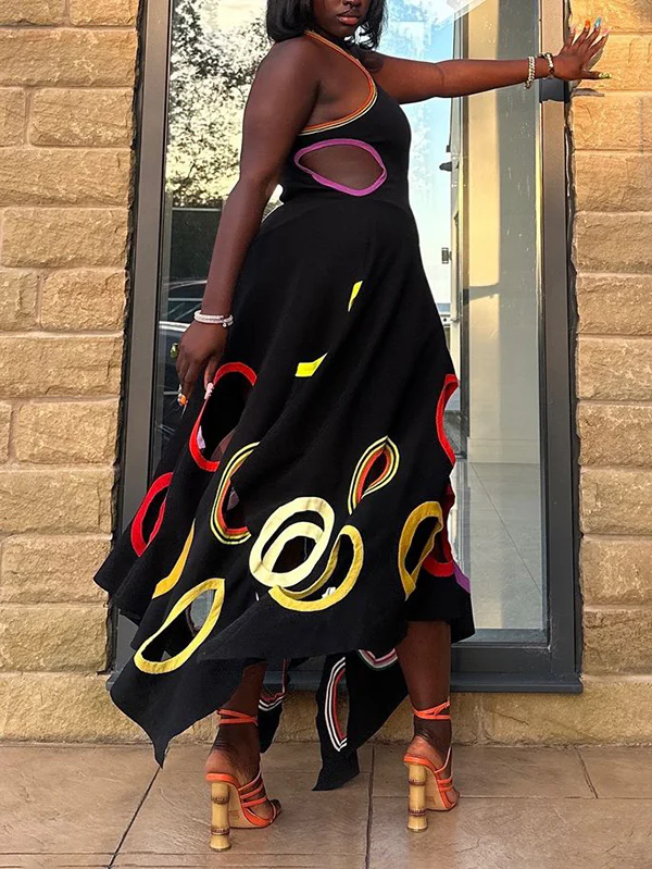 A-Line High Waisted Contrast Color Hollow Round-Neck Maxi Dresses - Image 6