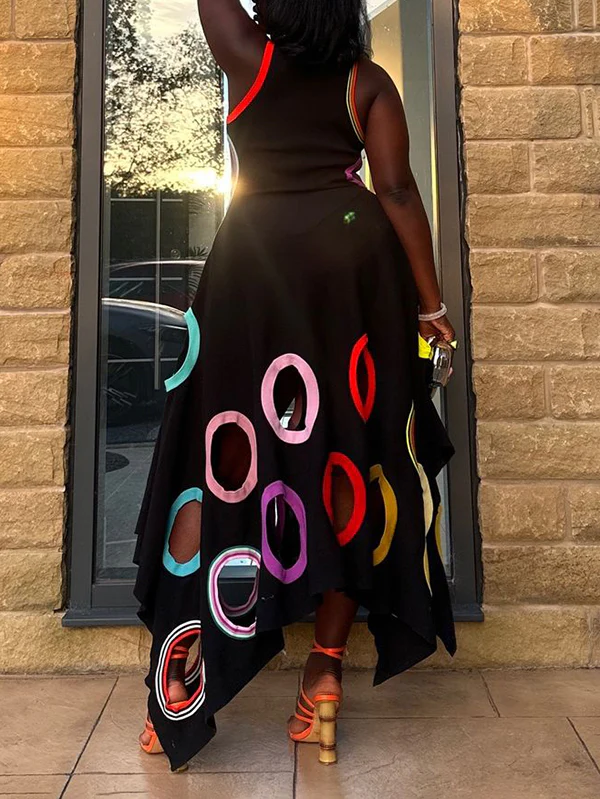 A-Line High Waisted Contrast Color Hollow Round-Neck Maxi Dresses - Image 7