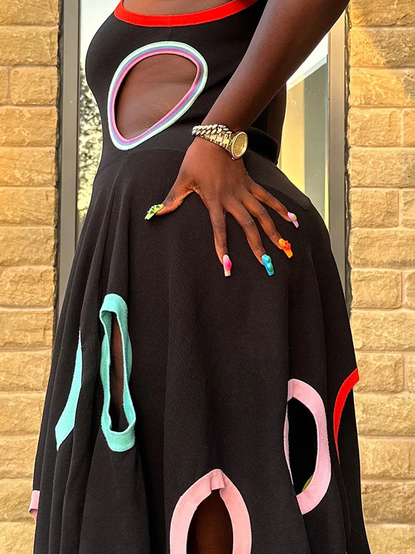 A-Line High Waisted Contrast Color Hollow Round-Neck Maxi Dresses - Image 8