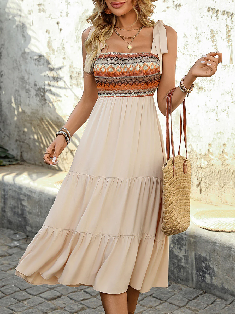 A-Line High Waisted Contrast Color Jacquard Pleated Split-Joint Adjustable Straps Midi Dresses - Image 11