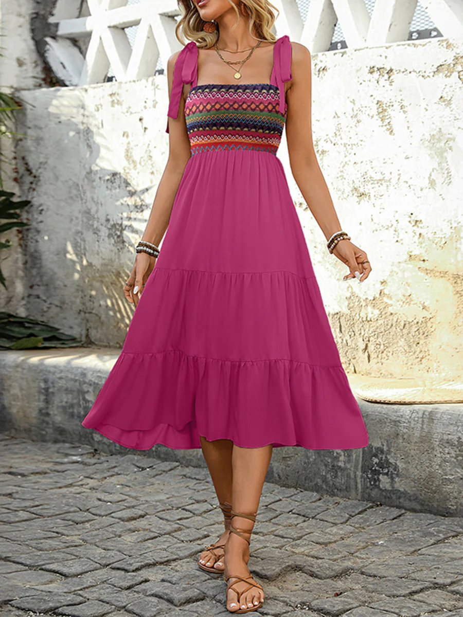 A-Line High Waisted Contrast Color Jacquard Pleated Split-Joint Adjustable Straps Midi Dresses - Image 7