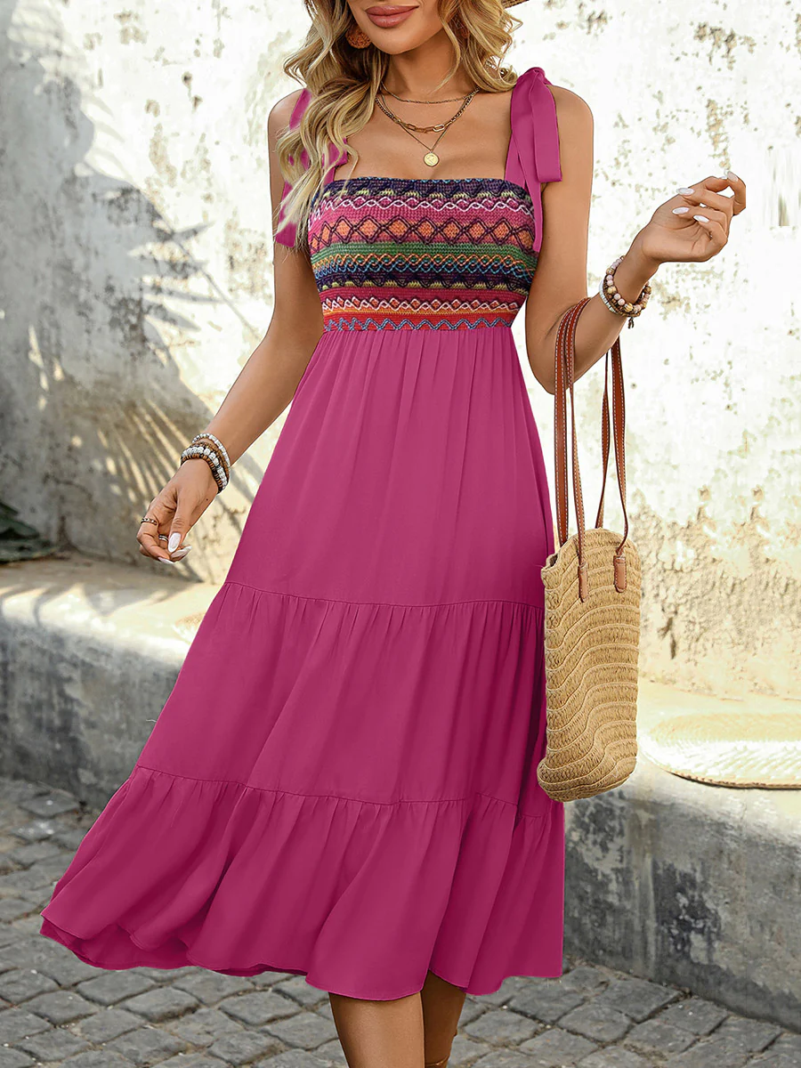 A-Line High Waisted Contrast Color Jacquard Pleated Split-Joint Adjustable Straps Midi Dresses - Image 8