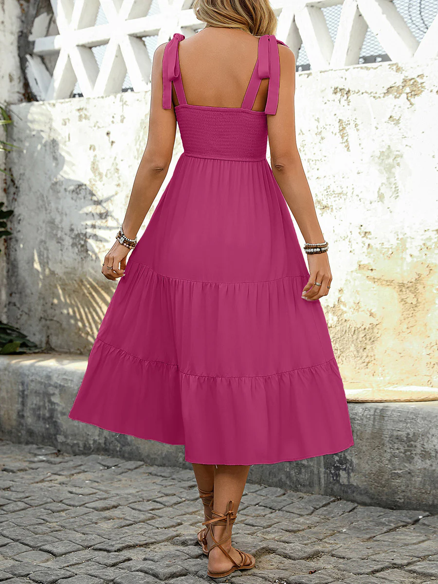 A-Line High Waisted Contrast Color Jacquard Pleated Split-Joint Adjustable Straps Midi Dresses - Image 9