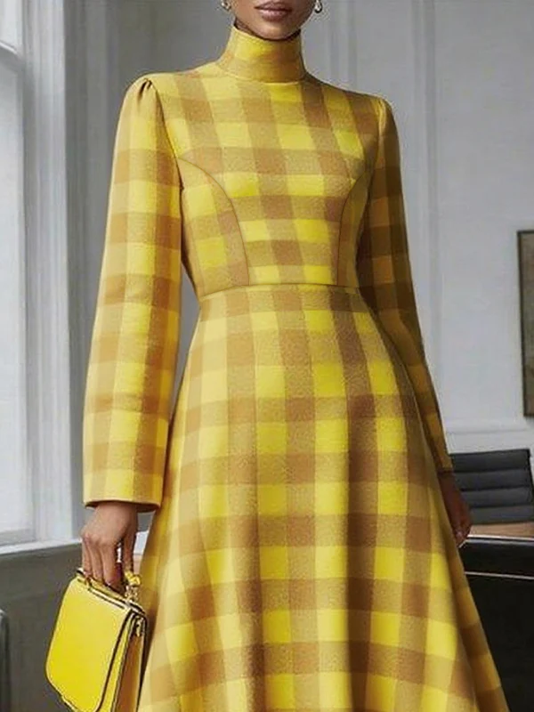 A-Line High Waisted Contrast Color Plaid High Neck Midi Dresses - Image 2