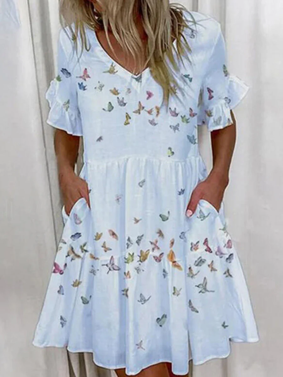 A-Line High Waisted Contrast Color Pleated Pockets Printed Split-Joint V-Neck Midi Dresses - Image 10