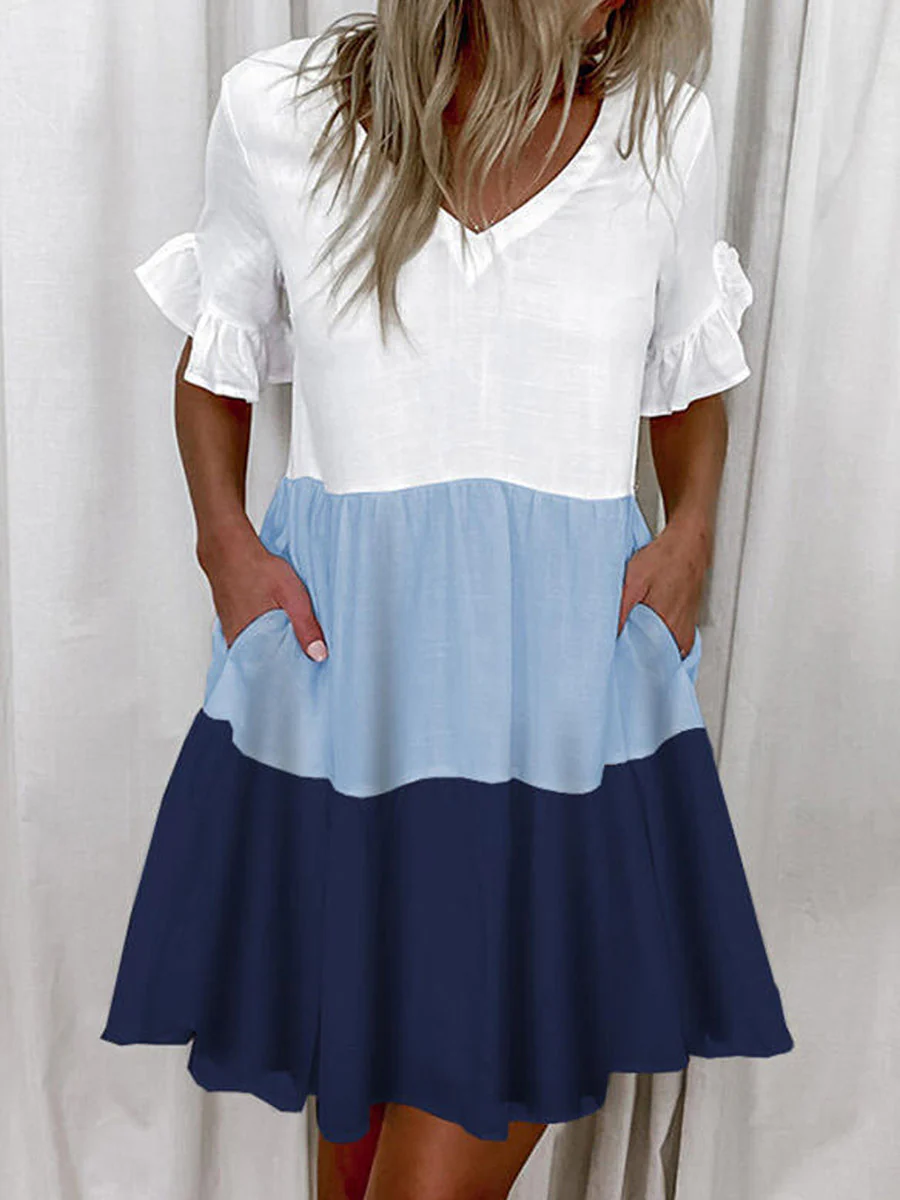 A-Line High Waisted Contrast Color Pleated Pockets Printed Split-Joint V-Neck Midi Dresses - Image 11
