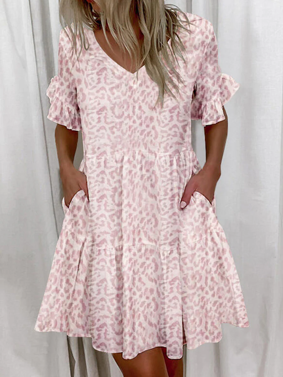 A-Line High Waisted Contrast Color Pleated Pockets Printed Split-Joint V-Neck Midi Dresses - Image 2