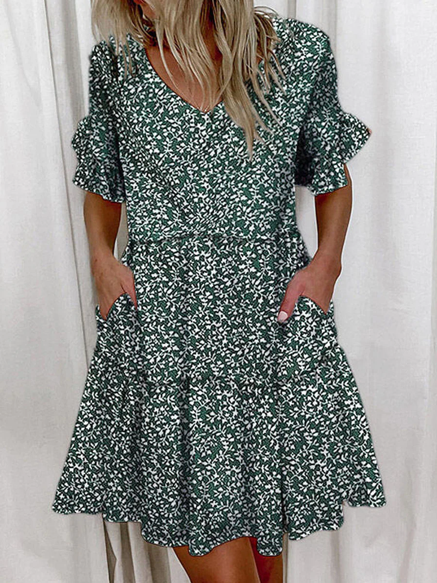 A-Line High Waisted Contrast Color Pleated Pockets Printed Split-Joint V-Neck Midi Dresses - Image 3