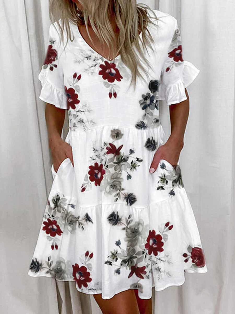 A-Line High Waisted Contrast Color Pleated Pockets Printed Split-Joint V-Neck Midi Dresses - Image 4