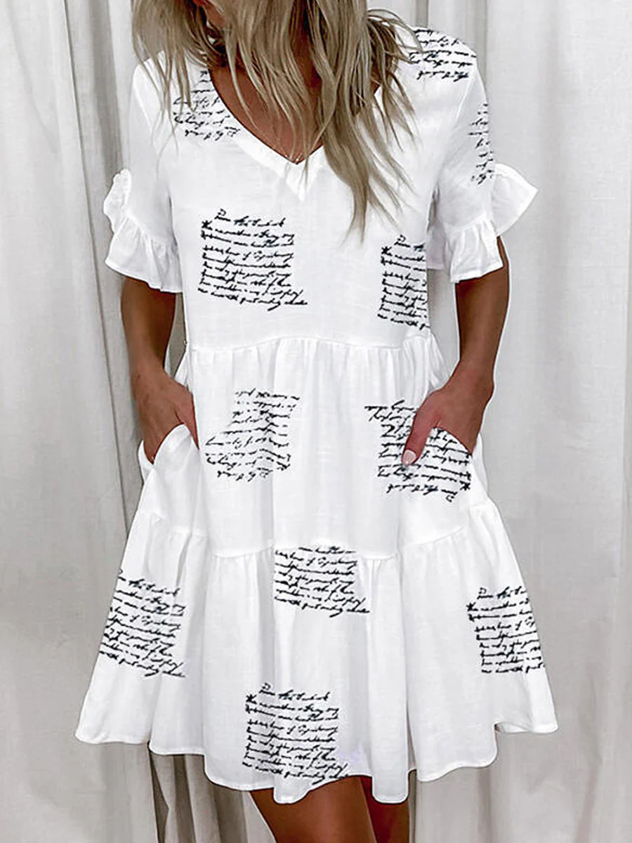 A-Line High Waisted Contrast Color Pleated Pockets Printed Split-Joint V-Neck Midi Dresses - Image 5