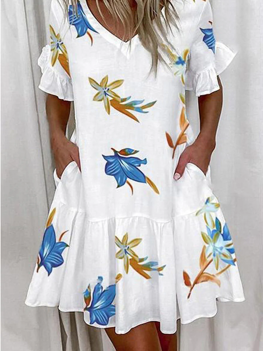 A-Line High Waisted Contrast Color Pleated Pockets Printed Split-Joint V-Neck Midi Dresses - Image 6