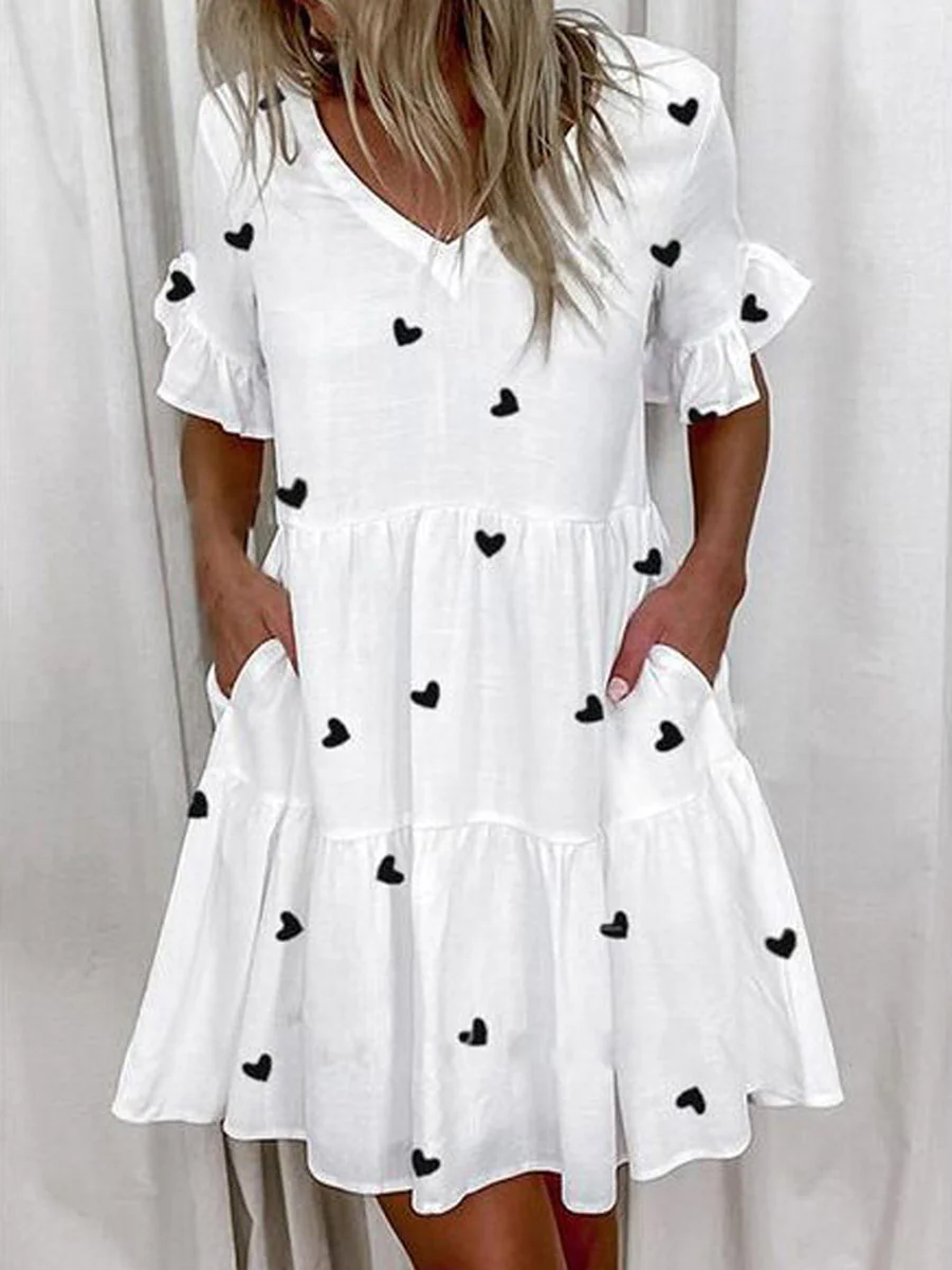 A-Line High Waisted Contrast Color Pleated Pockets Printed Split-Joint V-Neck Midi Dresses - Image 7