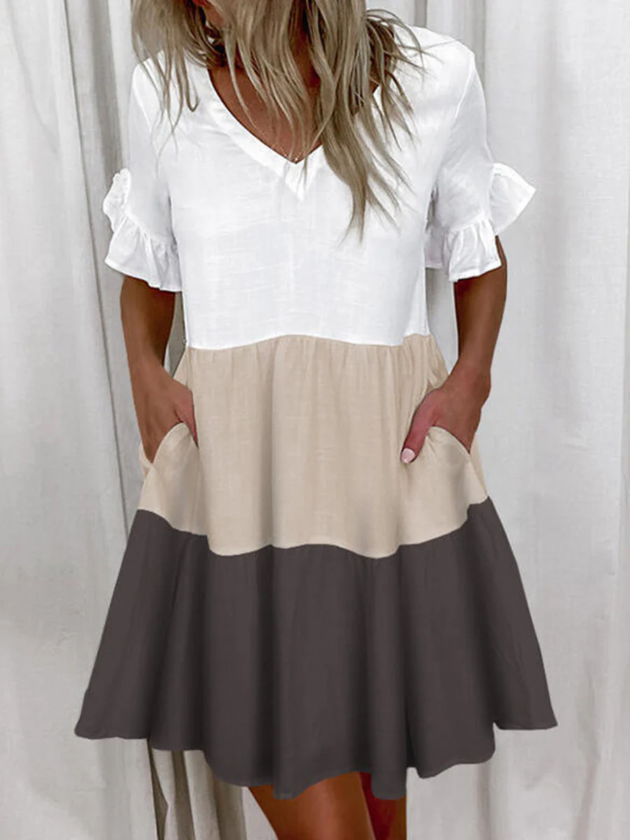 A-Line High Waisted Contrast Color Pleated Pockets Printed Split-Joint V-Neck Midi Dresses - Image 8