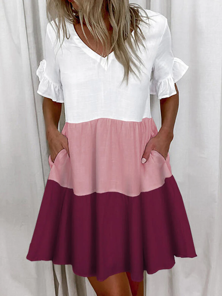 A-Line High Waisted Contrast Color Pleated Pockets Printed Split-Joint V-Neck Midi Dresses - Image 9