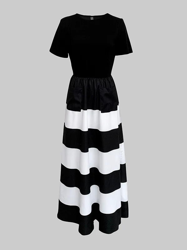 A-Line High Waisted Contrast Color Pleated Pockets Round-Neck Maxi Dresses - Image 3