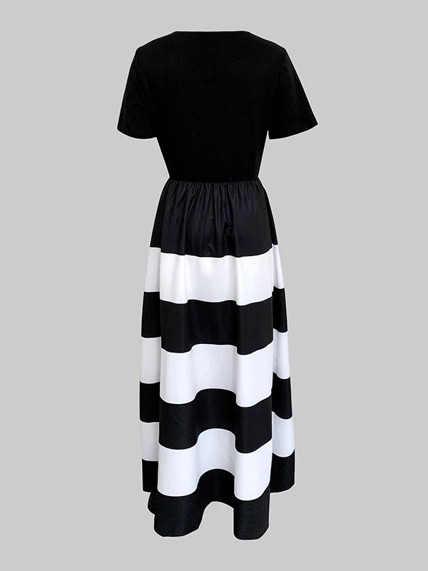 A-Line High Waisted Contrast Color Pleated Pockets Round-Neck Maxi Dresses - Image 4