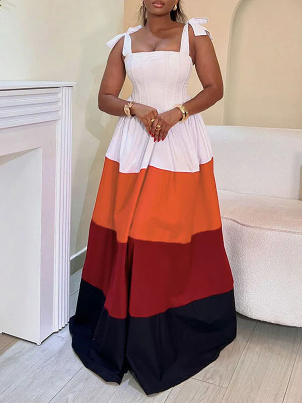 A-Line High Waisted Contrast Color Pleated Pockets Tied Zipper Spaghetti-Neck Maxi Dresses - Image 2