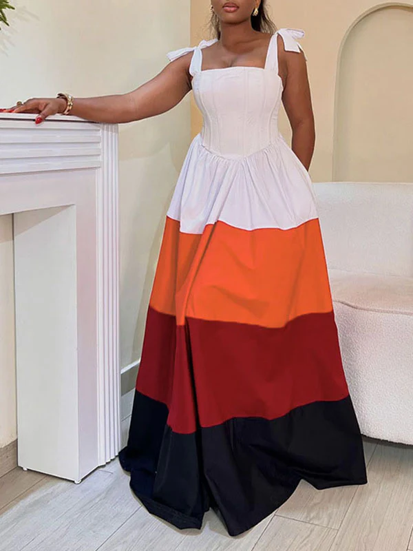 A-Line High Waisted Contrast Color Pleated Pockets Tied Zipper Spaghetti-Neck Maxi Dresses - Image 3