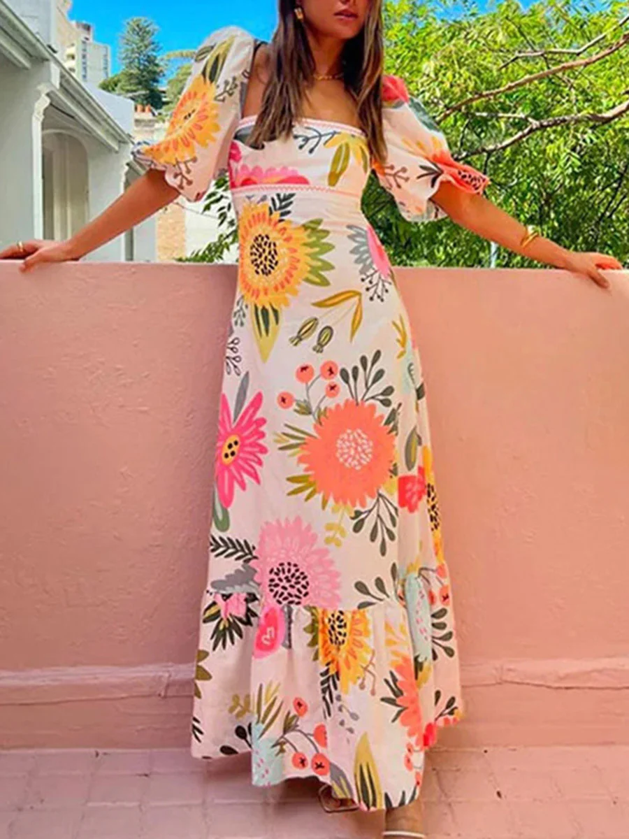 A-Line High Waisted Contrast Color Pleated Printed Ruffled Split-Joint Square-Neck Midi Dresses - Image 2