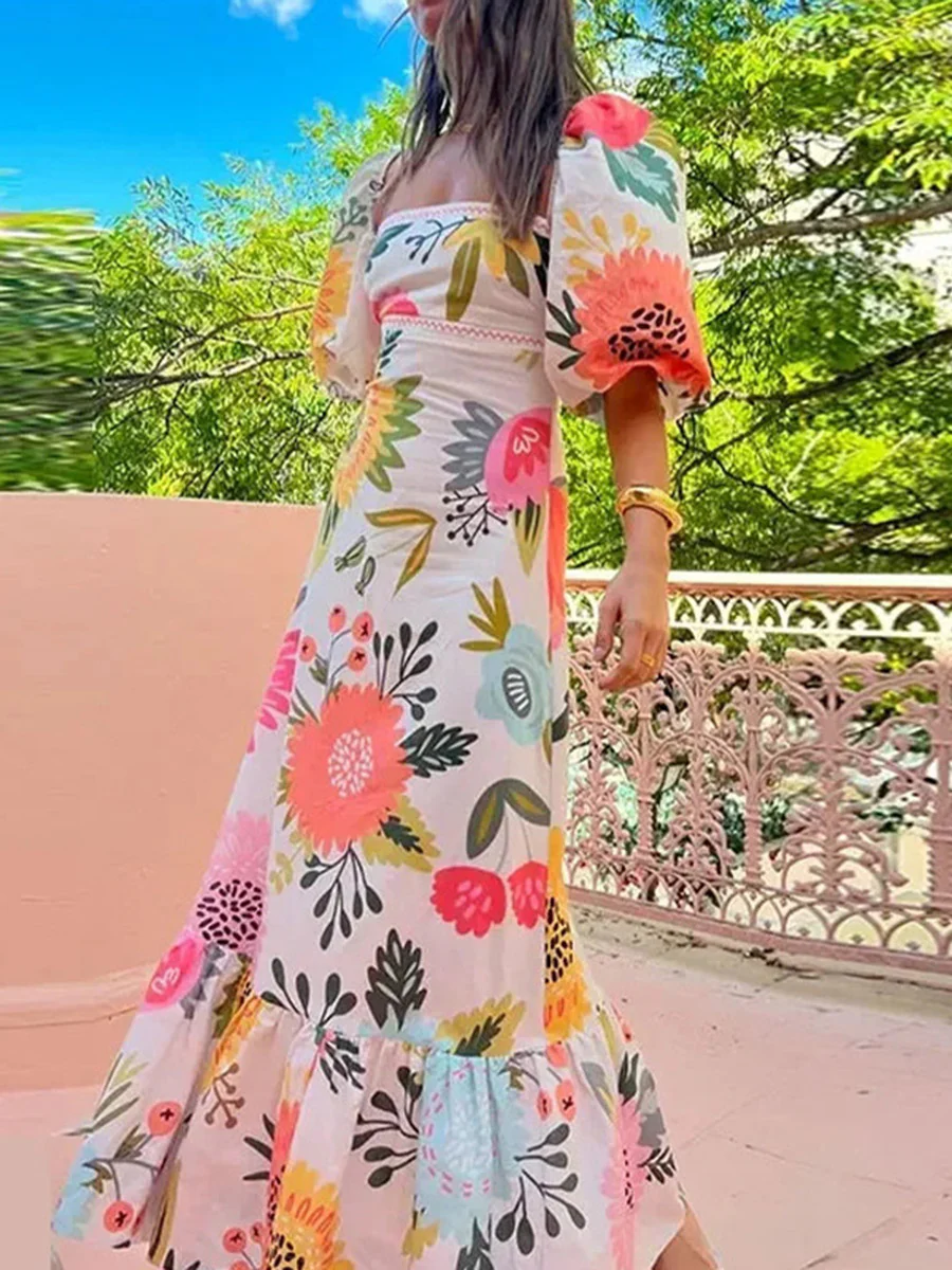 A-Line High Waisted Contrast Color Pleated Printed Ruffled Split-Joint Square-Neck Midi Dresses - Image 4