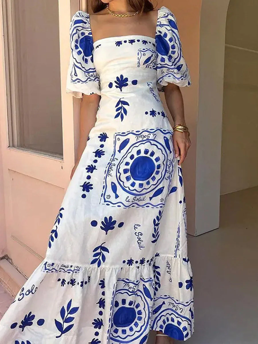 A-Line High Waisted Contrast Color Pleated Printed Ruffled Split-Joint Square-Neck Midi Dresses - Image 6